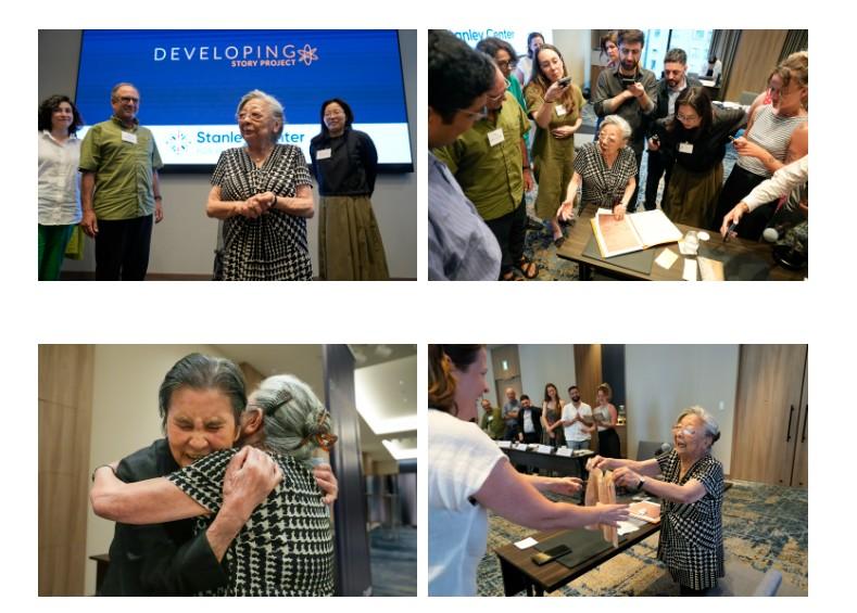 広島での上映会の様子。左上部のグリーンのシャツ姿が監督、中央が近藤幸子さん。左下は近藤さんと抱き合う桐明千恵子さん（Stanley Center for Peace and Securityのウェブサイトより、キャプチャー）